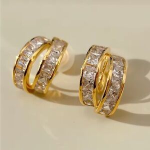 Anthropologie Stacked Double Hoop Earrings Gold C Z Water Drip Drop F01